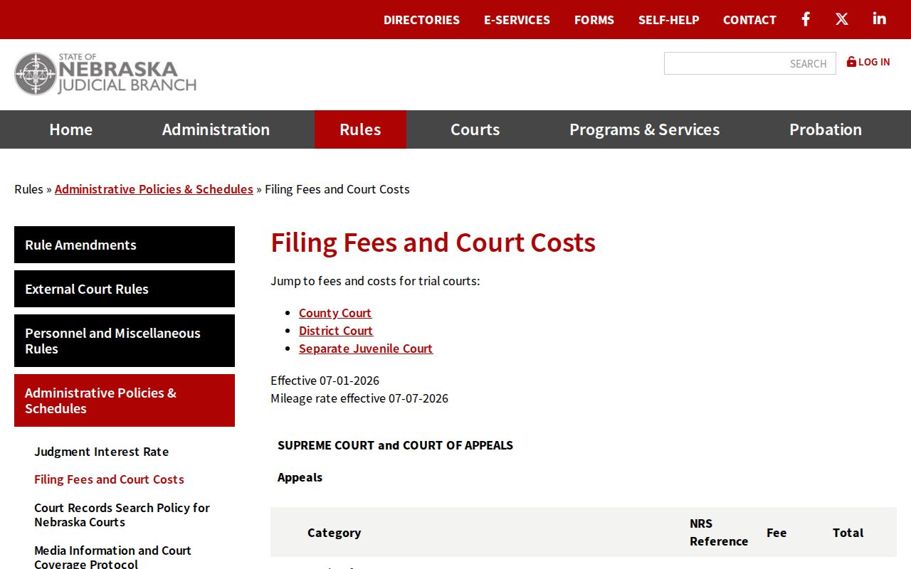 Keith County civil court dockets Nebraska filing fees and court costs