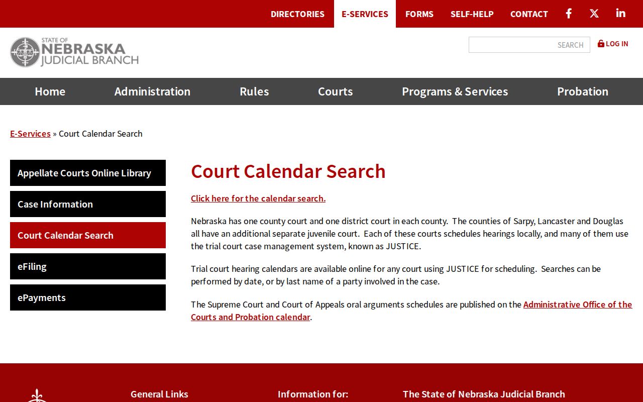 Keith County court schedule Nebraska Judicial Branch court calendars