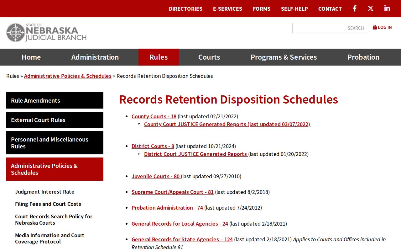 Keith County court case records Nebraska retention schedules