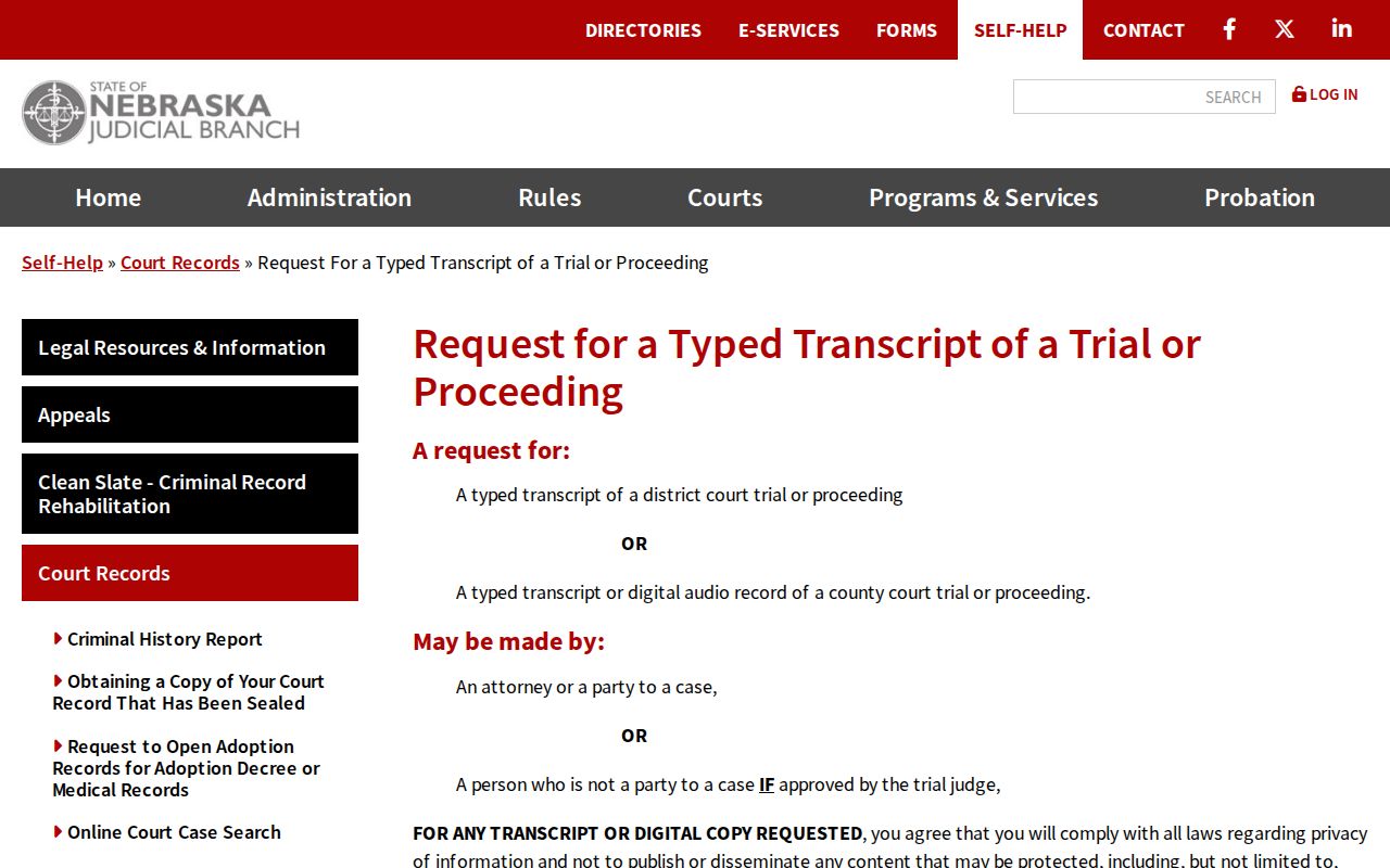 Keith County court case records typed transcript request guidance
