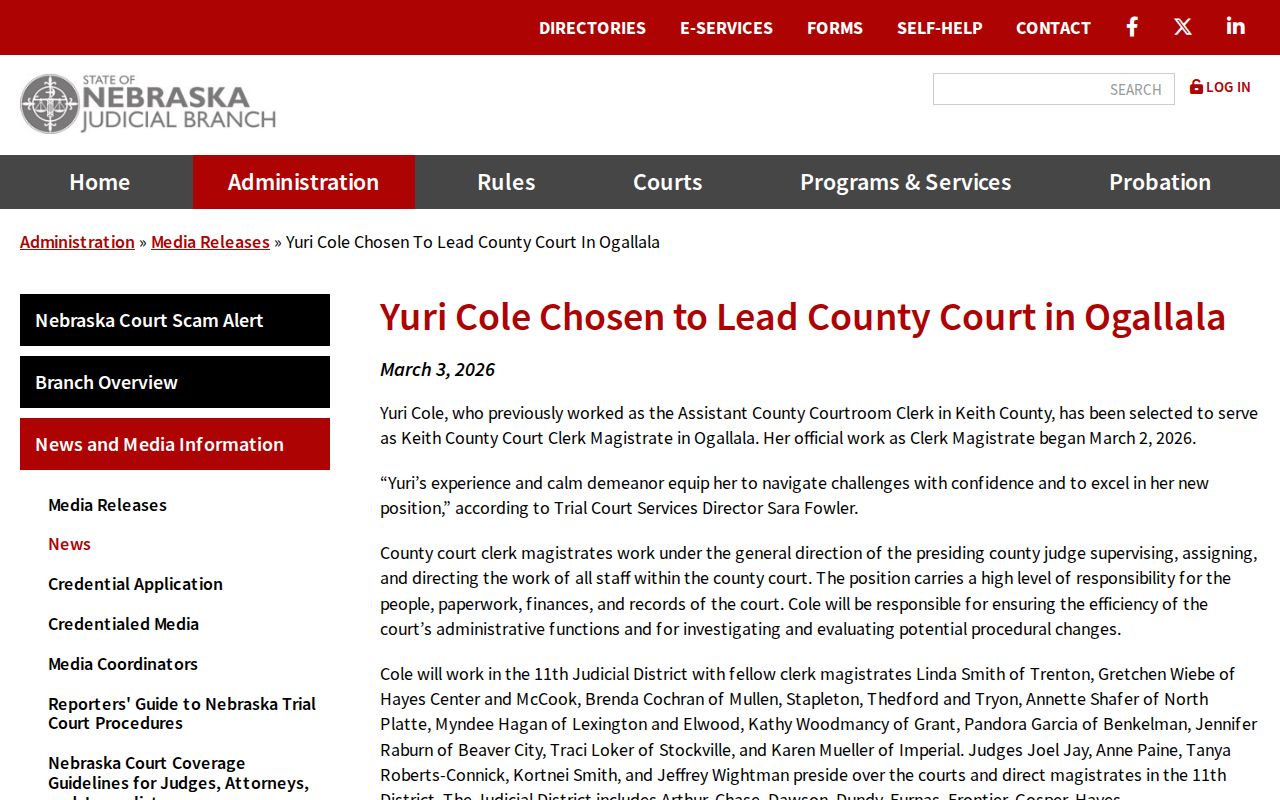 Keith County court docket source showing the Clerk Magistrate announcement